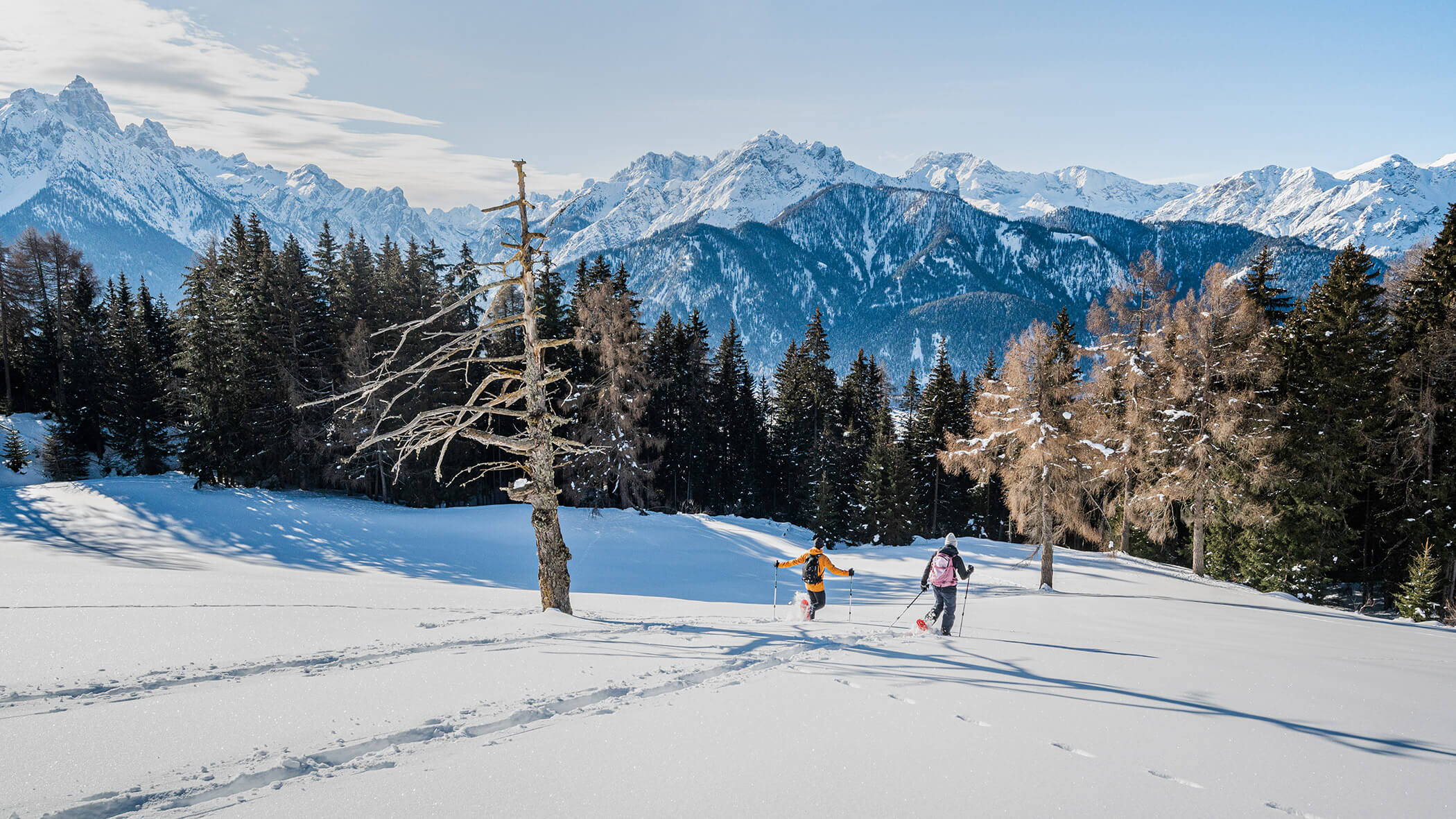 Zwei Skifahrer auf der Skipiste inmitten der verschneiten Bergwelt - Klaudehof